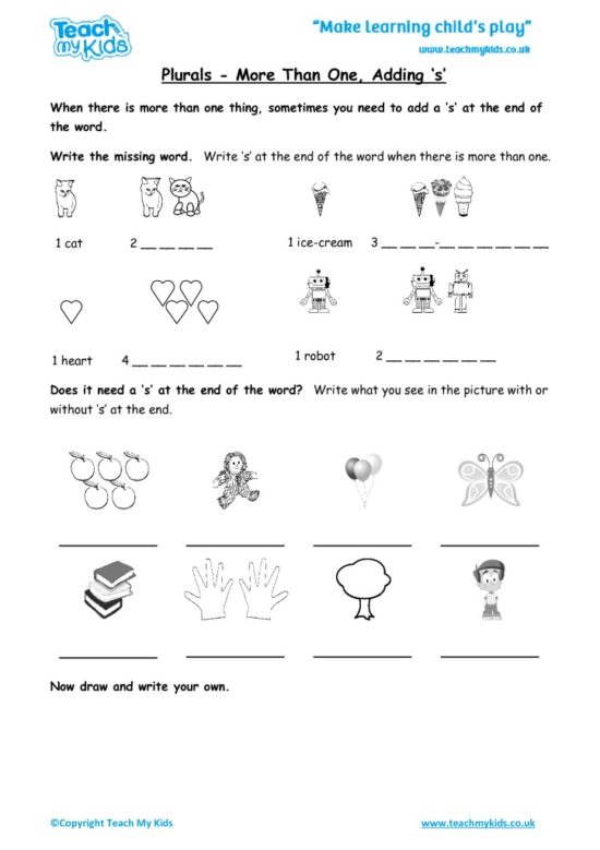 Worksheets for kids - plurals-more-than-1-adding-s